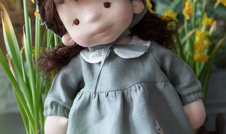 16 Waldorf doll handmade cotton dress wool coat and hat knitted mittens and socks eco friendly natural warm soft